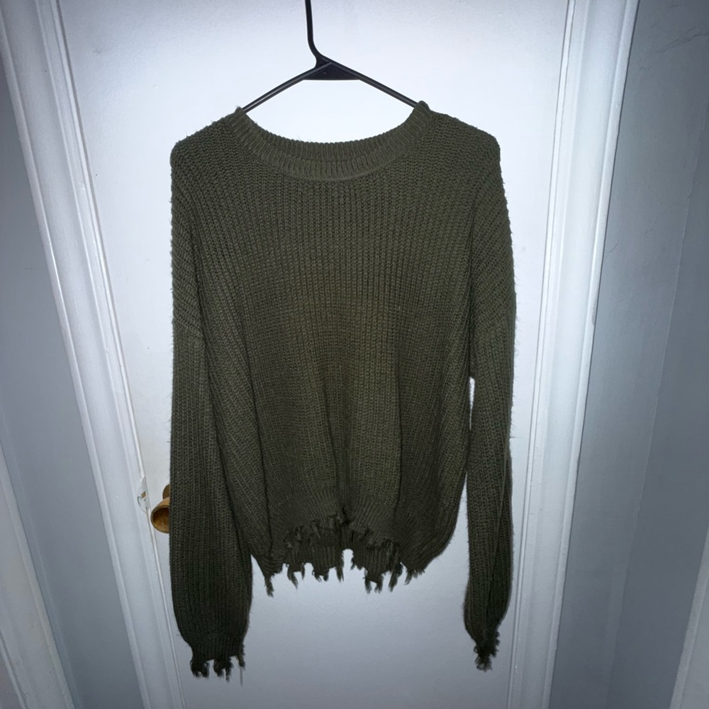 True Craft Olive Knit Distressed Crewneck Sweater